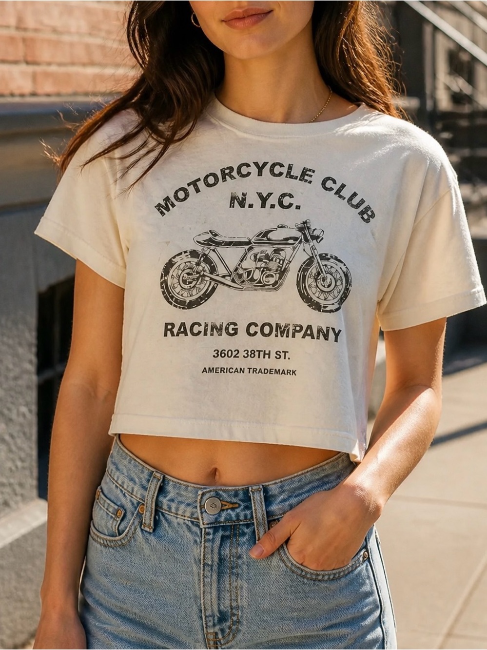 Vintage Threadz California Motorcycle Club NYC Racing Company Crop Graphic Tee